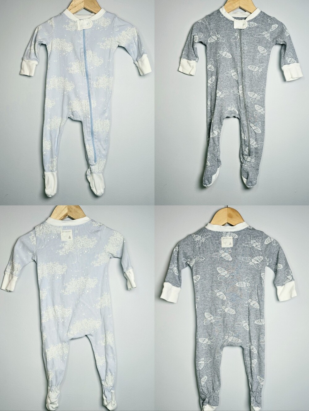 Burt's Bees Baby Blue & Gray Cloud & Moth Footed One-Piece 2 Piece Bundle 3-6M